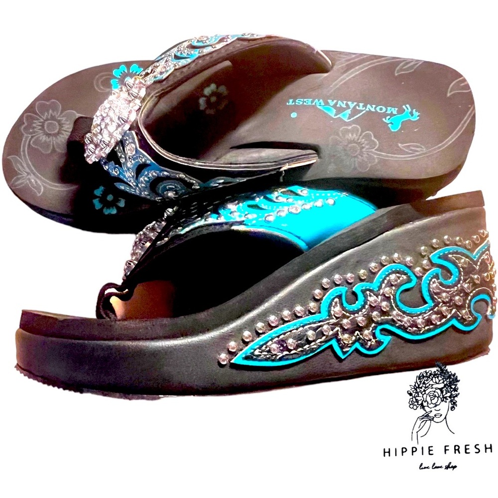 Montana West Turquoise W Silver Studs & Rhinestone Embellished Wedge Sandal 7